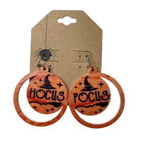 Halloween Orange "Hocus Pocus" Wood Earrings 3 1/4" Brand New Witches Spooky